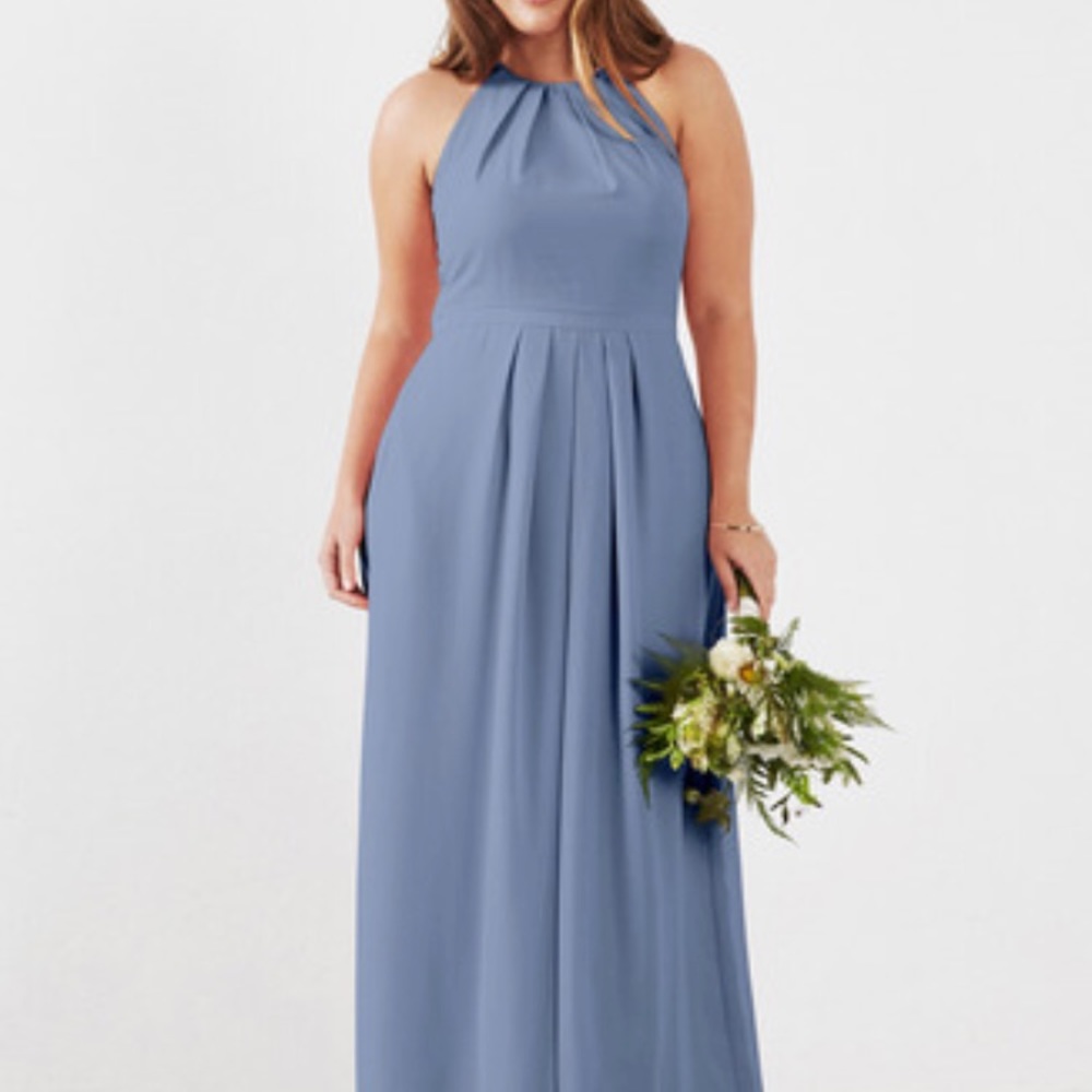 Floor length Bridesmaid dress in dusty blue.